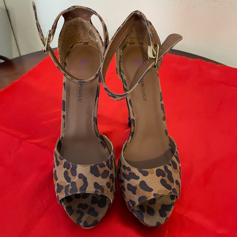 JustFab Leopard Print Ankle Strap Heels
